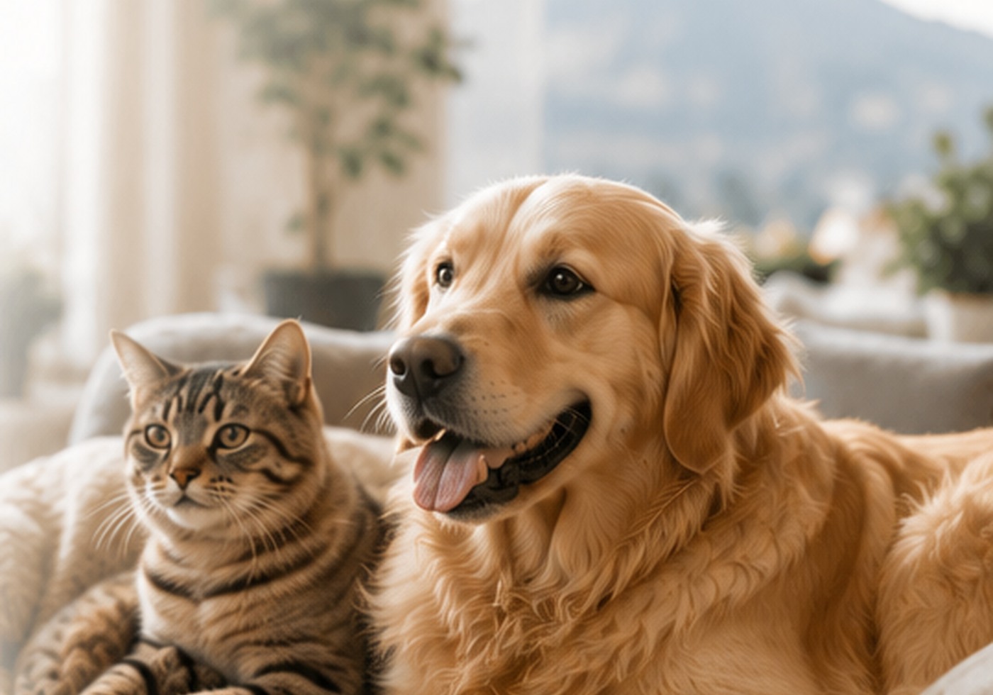 Un chien et un chat installés ensemble