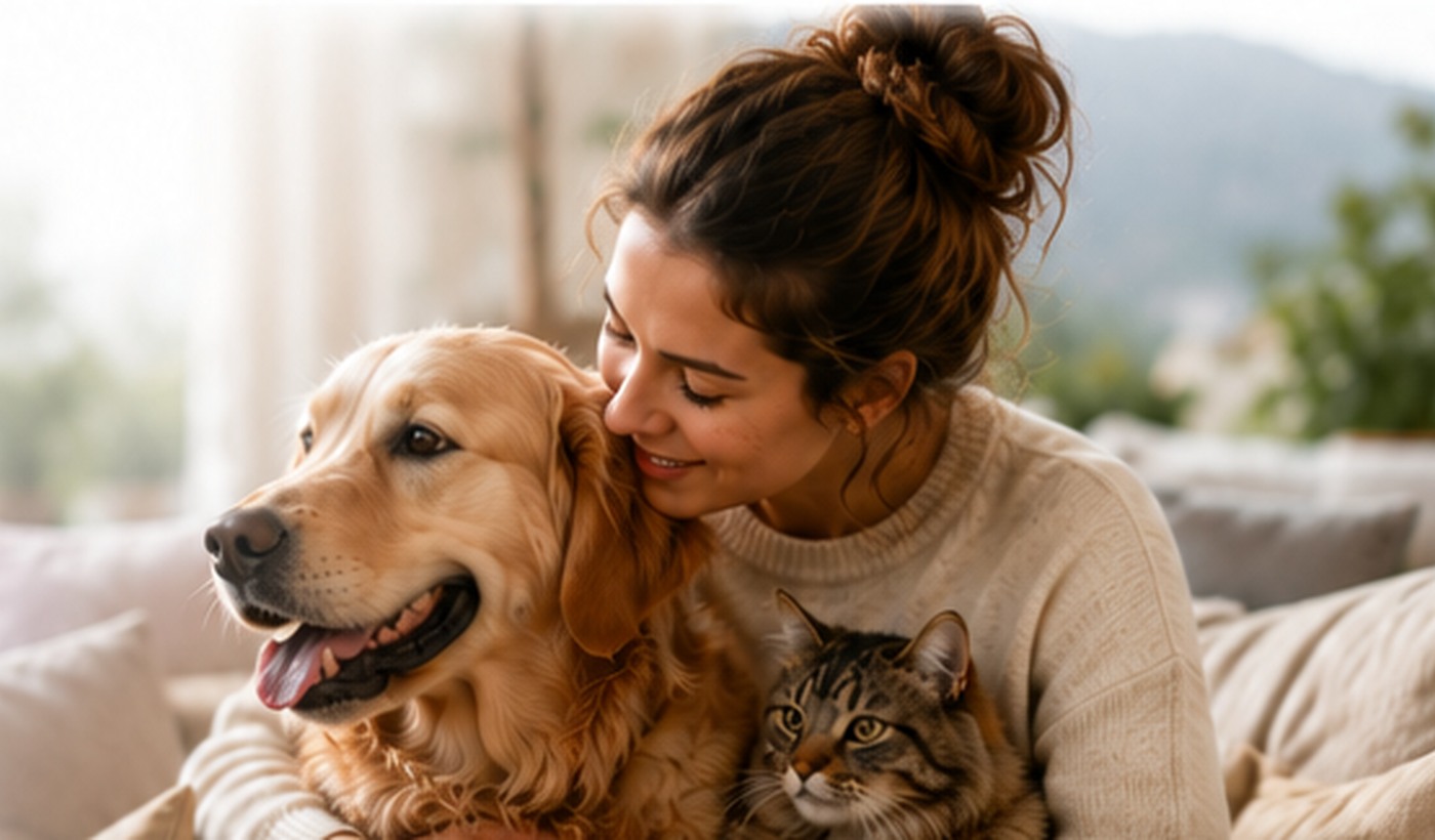 Une femme avec son chien et son chat