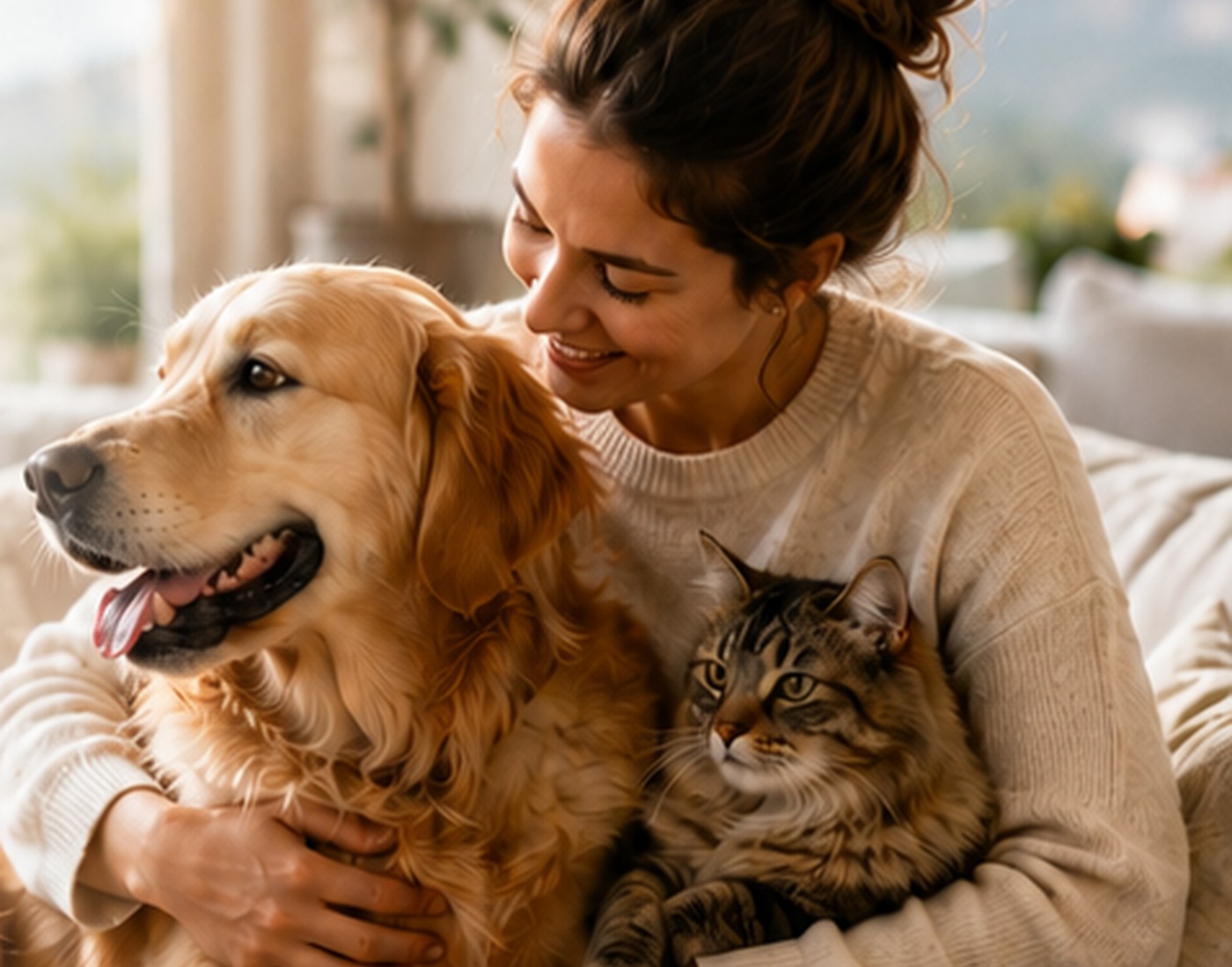 Une femme avec son chien et son chat