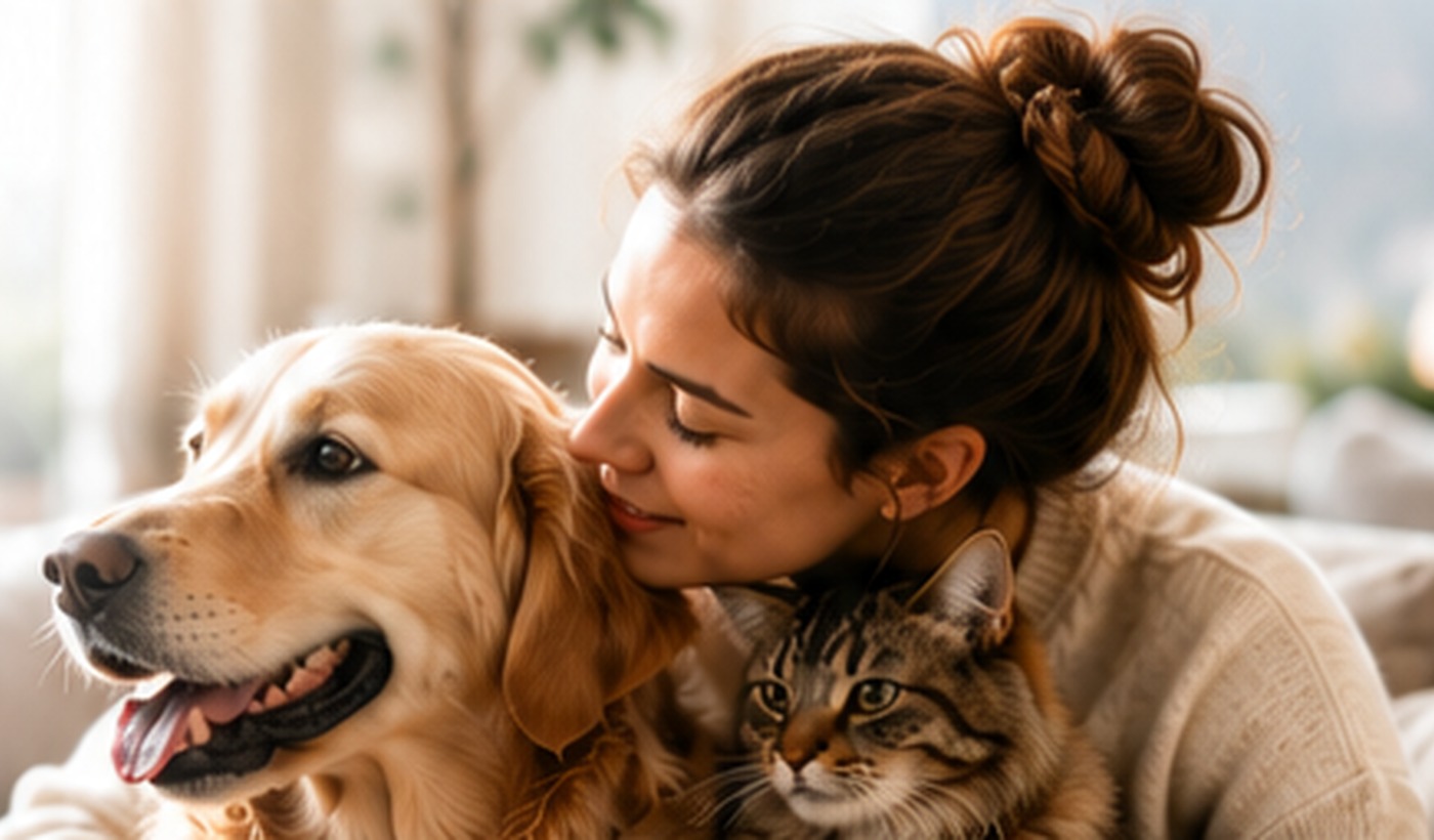 Une propriétaire avec son chien et son chat