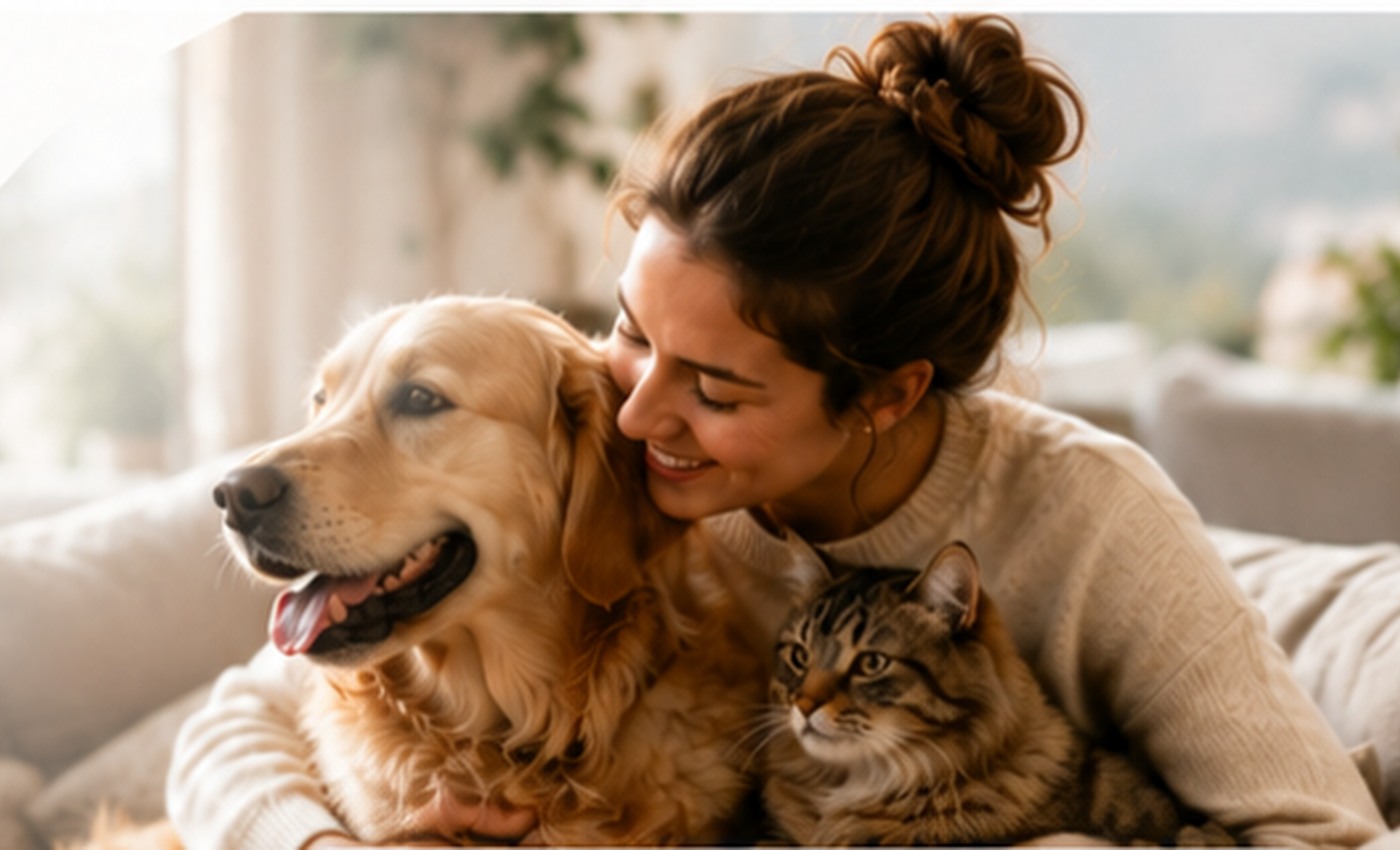 Une femme entourée de son chien et de son chat